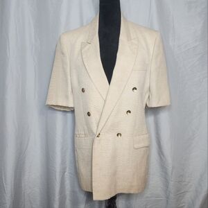 70's Couture! PD C. INTERNATIONAL Size 14 Beige Canvas Dbl Breasted Linen Blazer